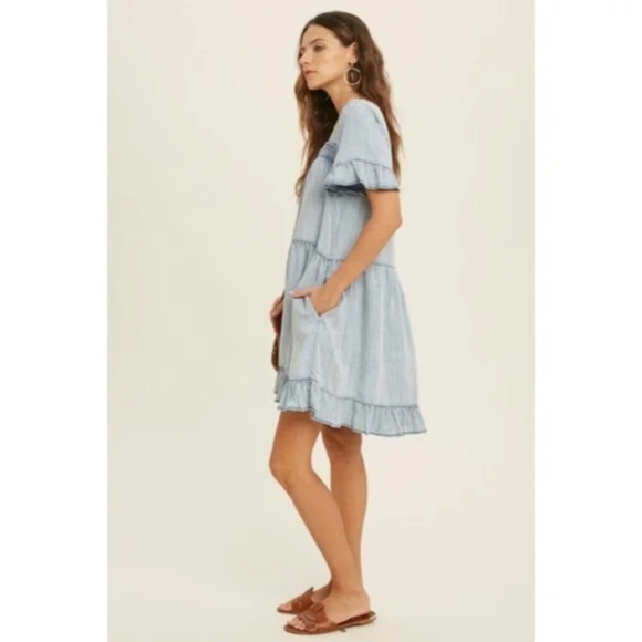 Denim Tencel Square Neck Short Sleeve Ruffle Trim Babydoll Casual Mini Dress - Picture 7 of 11